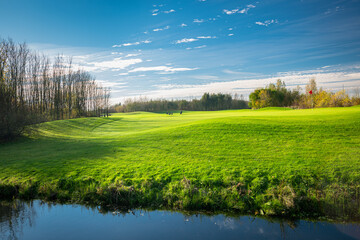 Fototapeta na wymiar Idyllic view of beautiful green grass on golf course Bentwoud, not far from the city of Zoetermeer, The Netherlands