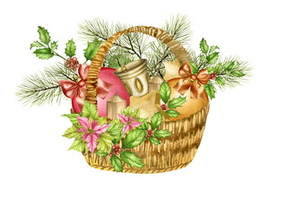 Watercolor hand drawing. Christmas bouquet, New Year's composition of poinsettia, holly, spruce, candles, stars, barberry, saw cut tree, bell, ball and cones, basket. Artistic creative realistic.