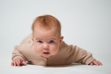 Fototapeta premium Portrait of an infant learning to crawl on a white background