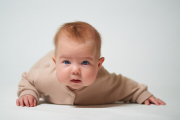 Portrait of an infant learning to crawl on a white background