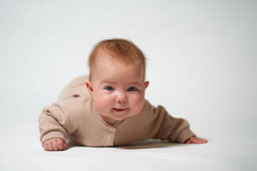 portrait of an infant looking into the camera on a white background