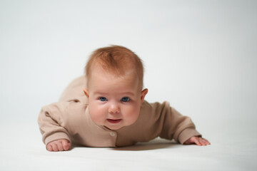 portrait of an infant looking into the camera on a white background