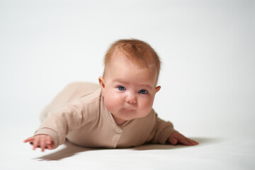 portrait of an infant learning to crawl against a white background