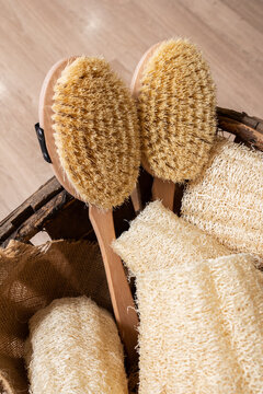 Basket with brushes and eco friendly sponges
