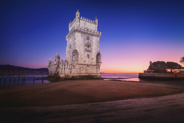 Belem Tower and Tagus River (Rio Tejo) at sunset - Lisbon, Portugal