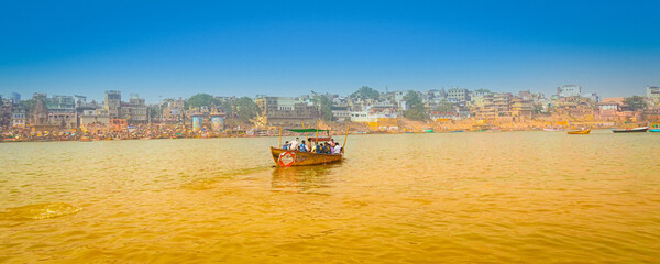 People on boat at Varanasi banaras tourists UP India