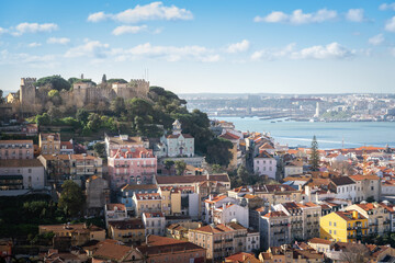 Naklejka premium Aerial view of Lisbon with Saint Georges Castle (Castelo de Sao Jorge) - Lisbon, Portugal