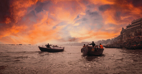 People on boat at Varanasi evening beautiful image of varanasi indian place of shiva - obrazy, fototapety, plakaty