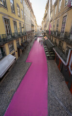 High angle view of Pink Street (Rua Cor de Rosa) at Cais do Sodre - Lisbon, Portugal