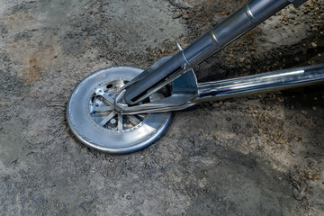 Close up view of support of metal lander on surface of Moon or planet Mars, concept of space exploration and colonization, landing of spacecraft © sommersby