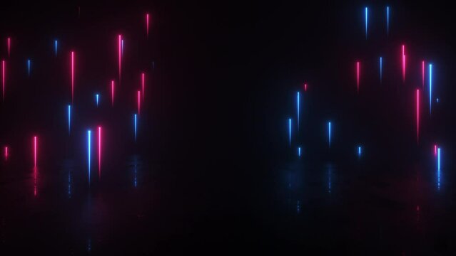 Rising up neon glowing strings above on reflected floor background on a seamless loop