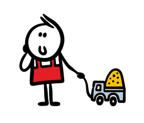 Funny little boy is driving a toy truck with sand in the back on a string.