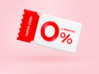 3D Gift voucher with coupon Zero Percentage. For business promotion sales and Discount online purchases. Tag label, banner with super zero 0% discount. 3d rendering. - obrazy, fototapety, plakaty