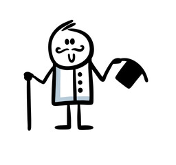 A man with a retro moustache in an old style takes off his top hat in greeting.