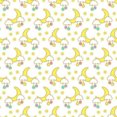 Moon, clouds and stars. Vector seamless pattern with cute cartoon elements. Best for textile, wallpapers and nursery decoration.
