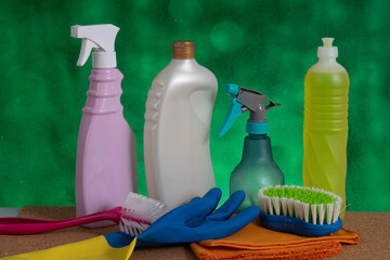 basket with cleaning products for home hygiene use