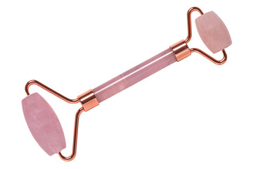 Gua Sha massage tools. Close-up of a pink jade facial roller or beauty roller for better blood...