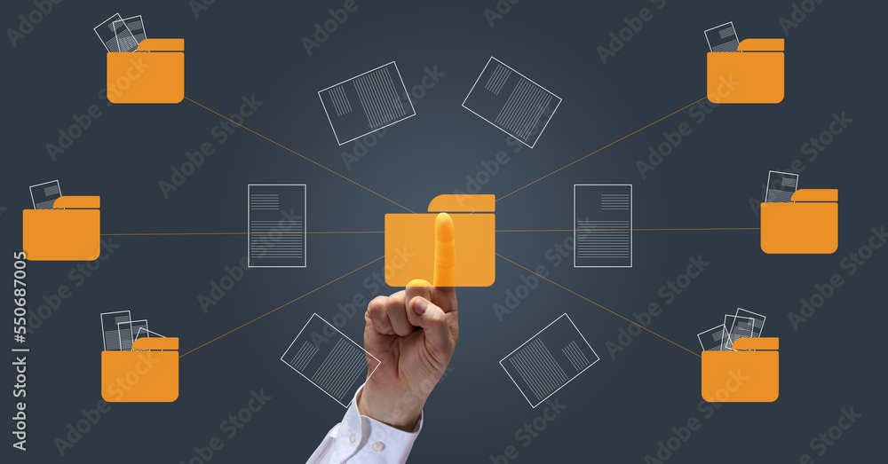 Poster concept of document flow in the company, transition to paperless technology. electronic document man