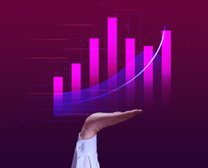 A graph with growing indicators and a man's hand on a pink background. Profit growth concept, high profitability