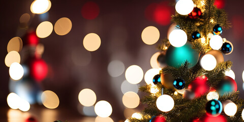 Fototapeta na wymiar Christmas tree, defocused background with bokeh lights, Generative AI