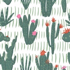 Cactus abstract ornament. Exotic desert cacti, wild plants, prickly succulents in flat style. Bright botanical vector seamless pattern.