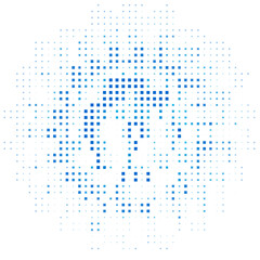 Halftone monochrome pattern with blue squares around the circle. Minimalism, vector. Background for posters, websites, business cards, postcards, interior design.