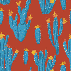 Cactus abstract ornament. Exotic desert cacti, wild plants, prickly succulents in flat style. Bright botanical vector seamless pattern.