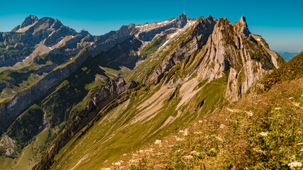 The Saentis summit and the Altenalptuerm mountains at the famous Ebenalp, Appenzell, Alpstein, Switzerland
