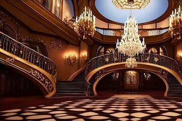 A beautiful spiral staircase, an open hall with chandeliers, yellow beaming light in the big hall, beauty and the beast inspired