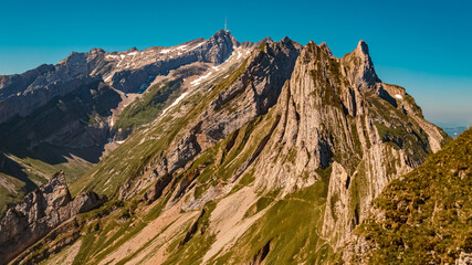 The Saentis summit and the Altenalptuerm mountains at the famous Ebenalp, Appenzell, Alpstein, Switzerland