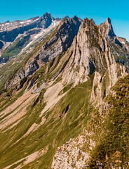 The Saentis summit and the Altenalptuerm mountains at the famous Ebenalp, Appenzell, Alpstein, Switzerland