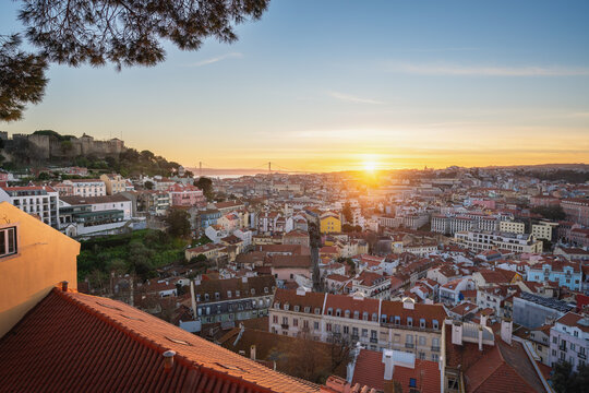 Aerial view of Lisbon at sunset from Miradouro da Graca Viewpoint - Lisbon, Portugal