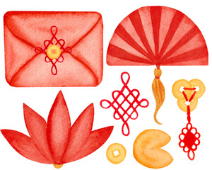 Watercolor set fan, coins, lotus, envelope, cookie isolated on white background. For various products, Chinese New Year