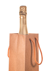 Champagne bottle into craft paper gift bag. Png isolated with transparency - 550687488