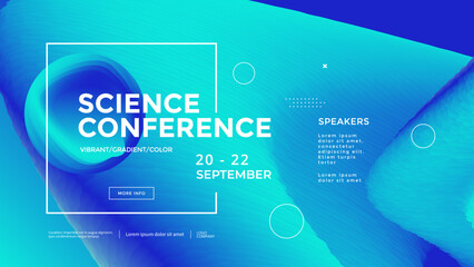 Science Conference wide poster design template. Blue technology background. Modern seminar page with color shape. Vector banner gradient trendy illustration.