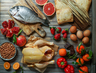 Allergy food concept. allergene - fish, chicken, strawberry, bread, wheat, sweet red pepper, eggs,...