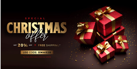 Horizontal Christmas sale banner. Special price, offer advertisement template. 3d illustration of red gift boxes with gold ribbon on black background. 20% OFF.