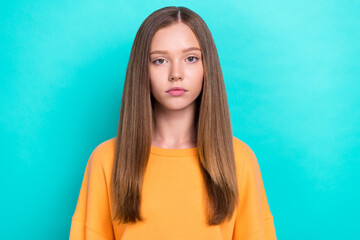 Closeup photo of young pretty attractive unhappy girl brown hair bored serious look you unsatisfied...