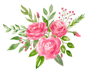 Watercolor abstract Bouquet with Pink Roses and green leaves. Hand drawn floral illustration for greeting cards or invitations on isolated background in vintage style. Botanical composition