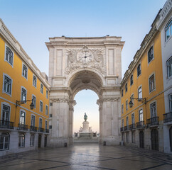 Rua Augusta and Rua Augusta Arch with King Dom Jose I Statue on background - Lisbon, Portugal