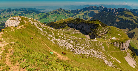Fototapeta na wymiar High resolution stitched panorama of a beautiful alpine summer view at the famous Ebenalp, Appenzell, Alpstein, Switzerland