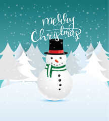 Merry Christmas greeting card with the cute snowman. Vector illustration.