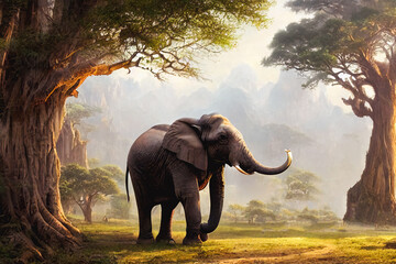 Naklejka na ściany i meble Beautiful landscape with elephant