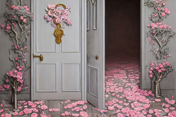 The interior of the door with rose petals.