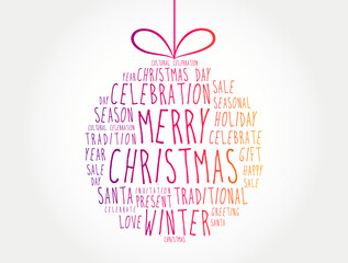 Fototapeta na wymiar Merry Christmas ball word cloud, holidays lettering collage background