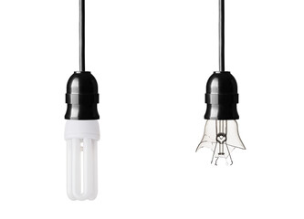 broken and energy saver lightbulb isolated