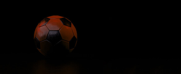 Fototapeta premium Soccer ball over dark background, 3d render, panoramic image