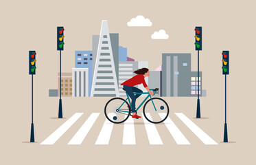 Businesswoman Commuter with Bicycle Traveling to Work in City.  Crossing Road by Crosswalk with Zebra Markup. Flat modern vector illustration.