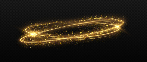 Glitter swirl rings twinkle on transparent background. Magic golden light trail with bright stars. Sparkle twirl circles with light effect.