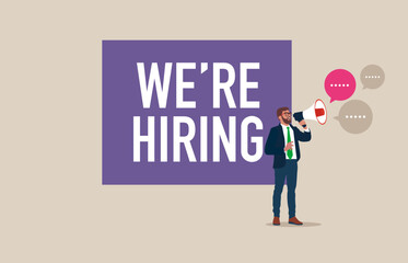 Employer looking for candidate for job vacancy concept, businessman HR with megaphone. HR recruiting announcement, are hiring advertisement. Modern flat vector illustration.